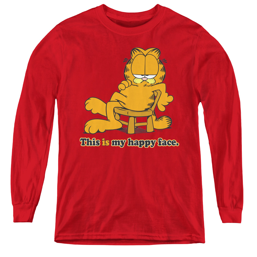 Garfield & Happy Face Youth Long Sleeve T-Shirt, Red - Medium