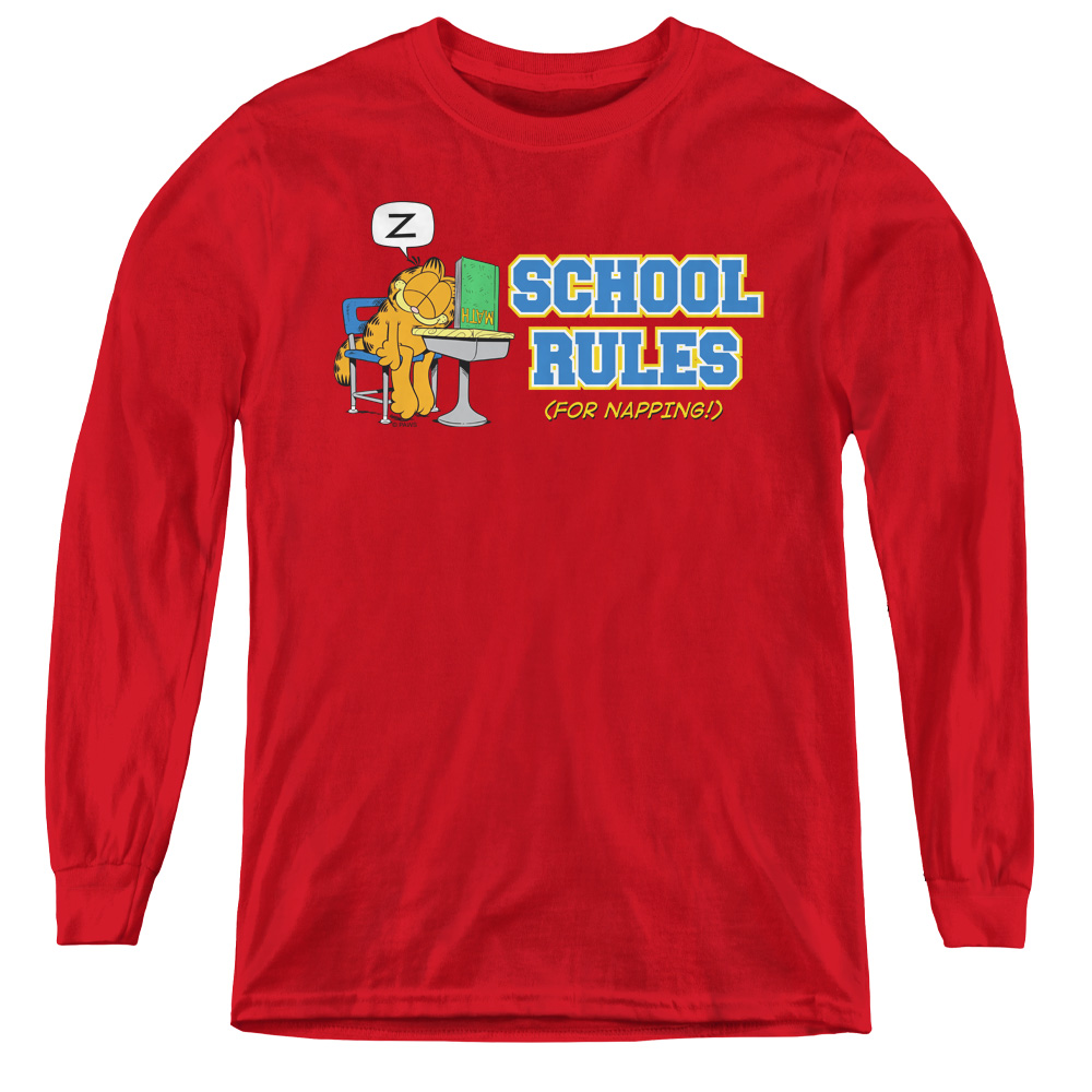 GAR242-YL-2 Garfield & School Rules Youth Long Sleeve T-Shirt, Red - Medium