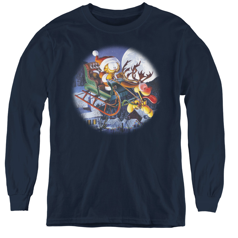 Garfield & Moonlight Ride Youth Long Sleeve T-Shirt, Navy - Small
