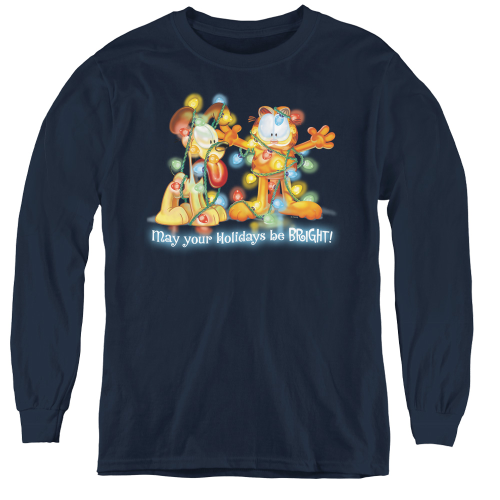 GAR314-YL-2 Garfield & Bright Holidays Youth Long Sleeve T-Shirt, Navy - Medium