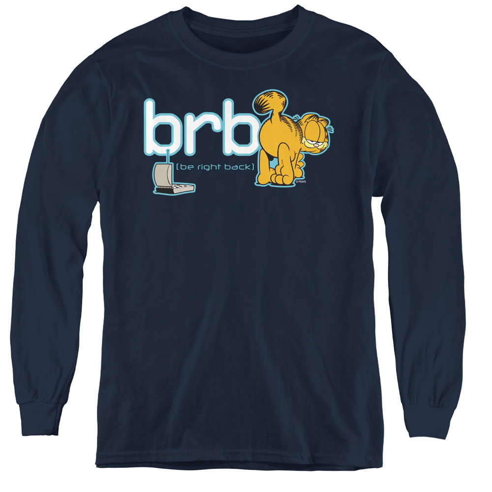 GAR374-YL-2 Garfield & Be Right Back Youth Long Sleeve T-Shirt, Navy - Medium