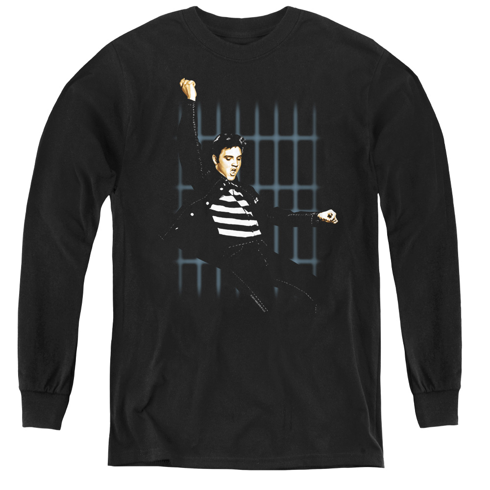Elvis Presley & Blue Bars Youth Long Sleeve T-Shirt, Black - Medium
