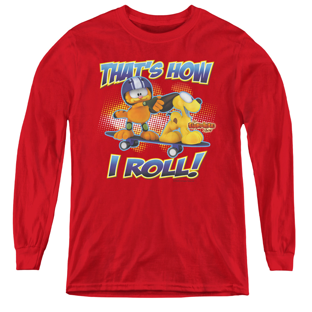 GAR465-YL-2 Garfield & How I Roll Youth Long Sleeve T-Shirt, Red - Medium