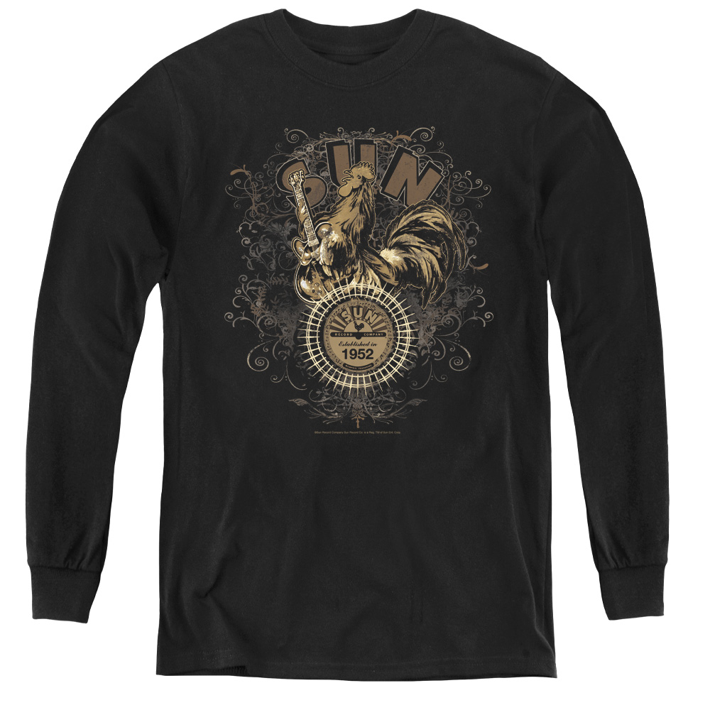 Sun & Scroll Around Rooster Youth Long Sleeve T-Shirt, Black - Medium