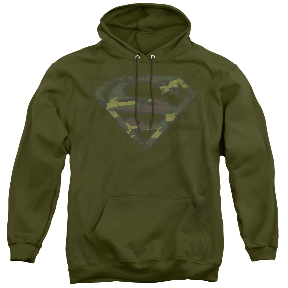 SM1912-AFTH-2 Superman & Distressed Camo Shield Adult Pull Over Hoodie, Military Green - Medium