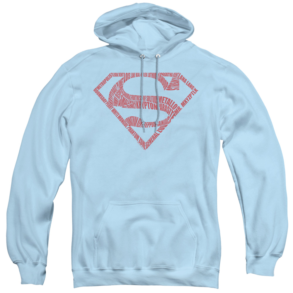 Superman & Word Shield Adult Pull Over Hoodie, Light Blue - 2X