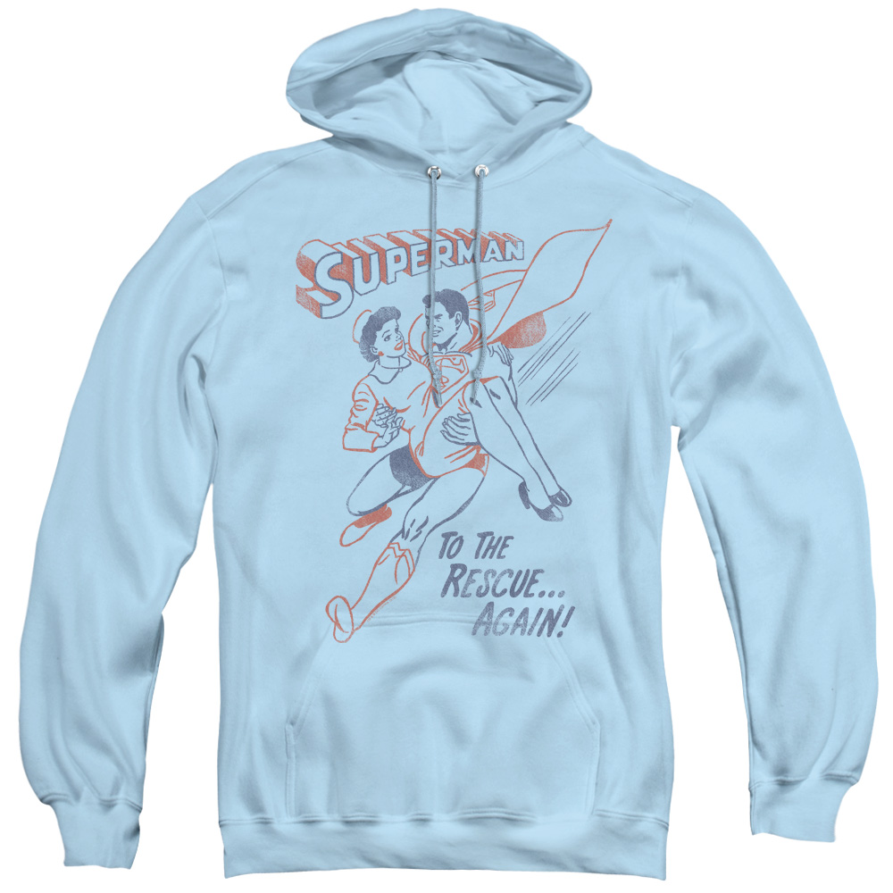SM1946-AFTH-2 Superman & To the Rescue Adult Pull Over Hoodie, Light Blue - Medium