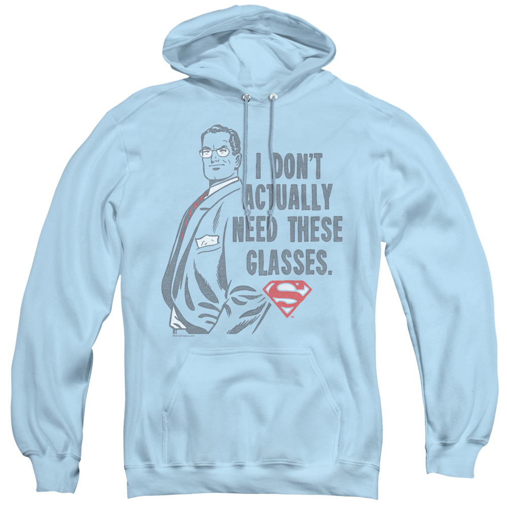 SM2136-AFTH-1 Superman & Dont Need Glasses Adult Pull Over Hoodie, Light Blue - Small