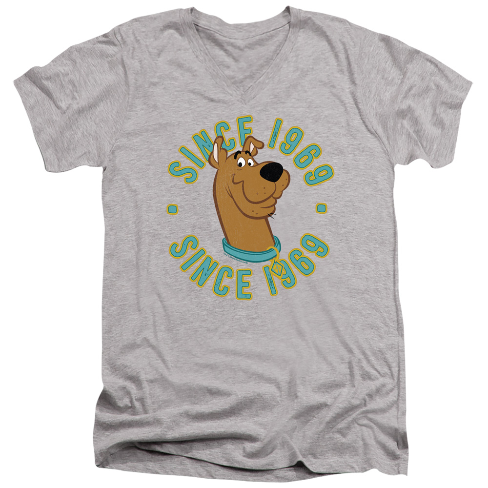 SD133-AV-3 Scooby Doo & Scooby 1969 Short Sleeve Adult V-Neck 30-1 T-Shirt, Athletic Heather - Large