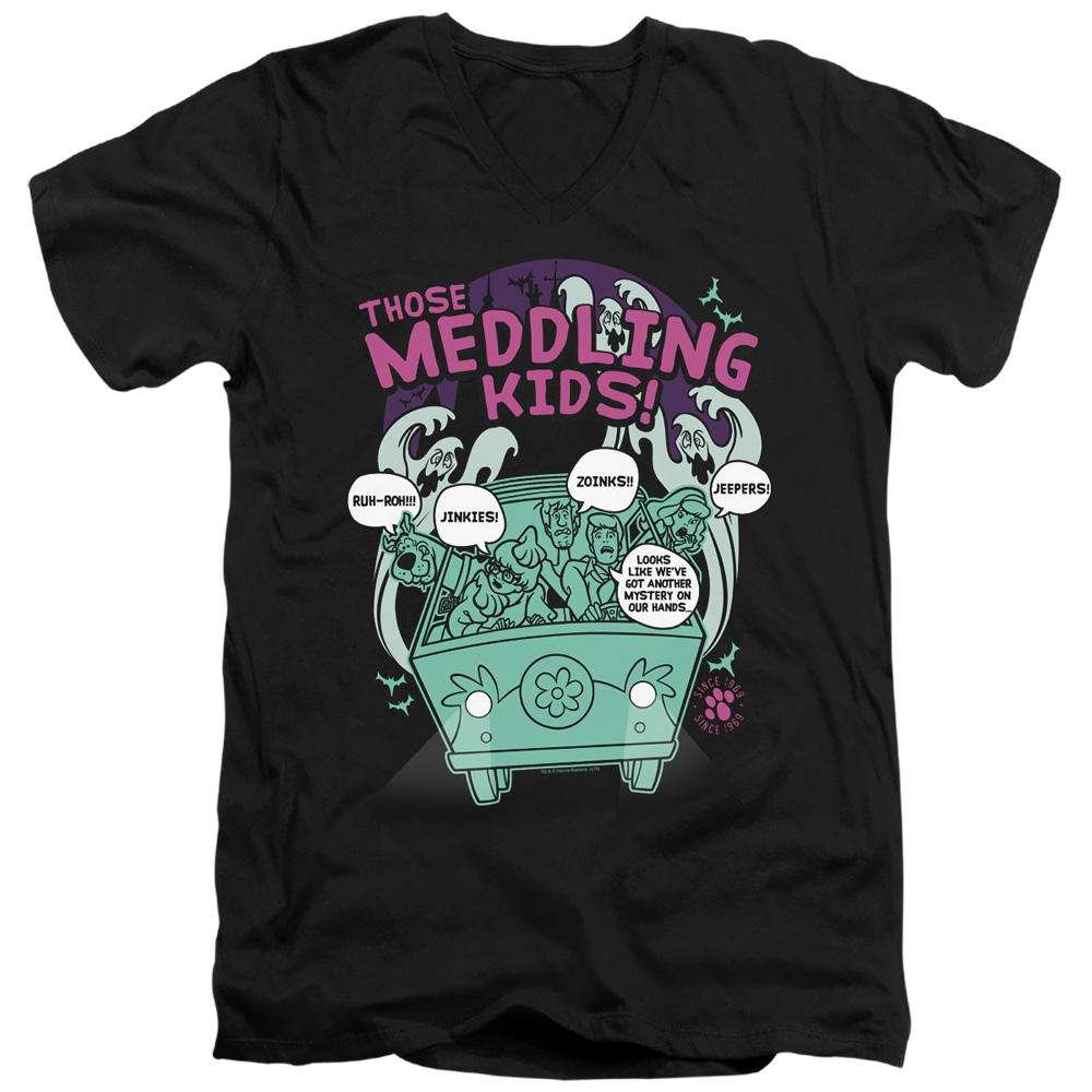 SD135-AV-3 Scooby Doo & Meddling Since 1969 Short Sleeve Adult V-Neck 30-1 T-Shirt, Black - Large