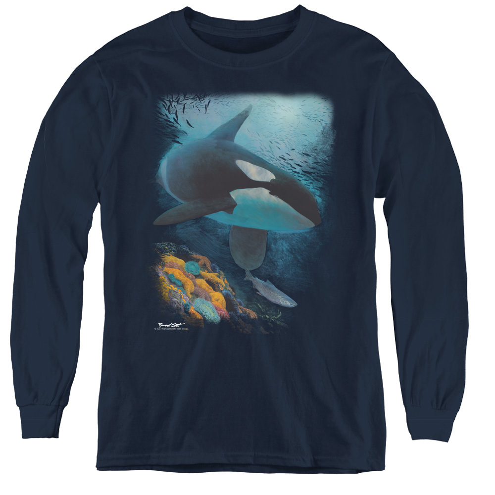 Wildlife & Salmon Hunter Orca Youth Long Sleeve T-Shirt, Navy - Medium