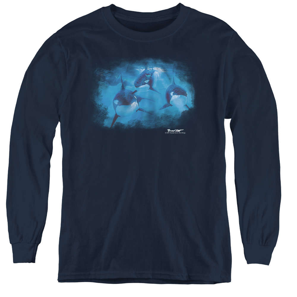 Wildlife & Pod of Orcas Youth Long Sleeve T-Shirt, Navy - Medium