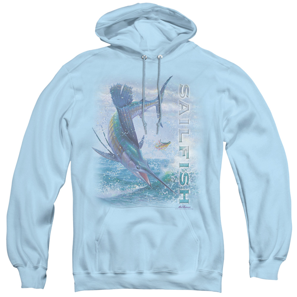 WW320-AFTH-3 Wildlife & Leaping Sailfish Adult Pull Over Hoodie, Light Blue - Large