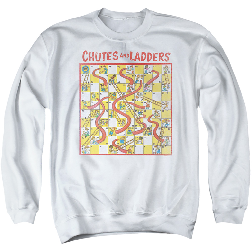 Chutes & Ladders & 79 Game Board-Adult Crewneck Sweatshirt, White - Small