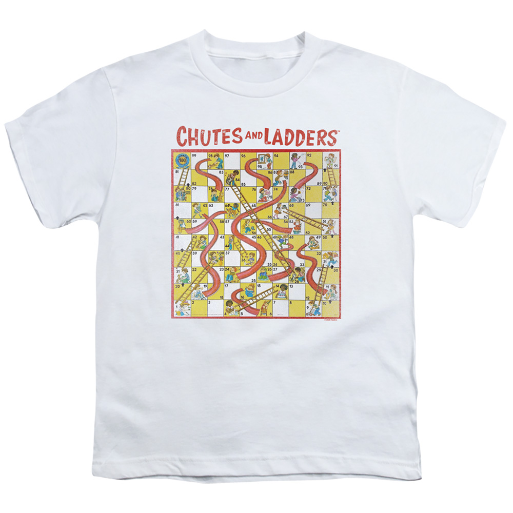 Chutes & Ladders & 79 Game Board-Short Sleeve 18-1 Youth T-Shirt, White - Medium