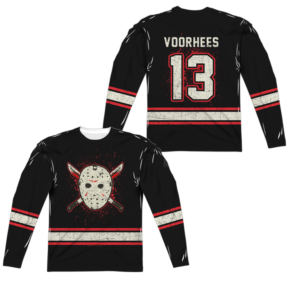 WBM631FB-ALPP-6 Friday the 13th & Voorhees Jersey Front & Back Print Long Sleeve Adult Polyster Crew Neck T-Shirt, White - 3X