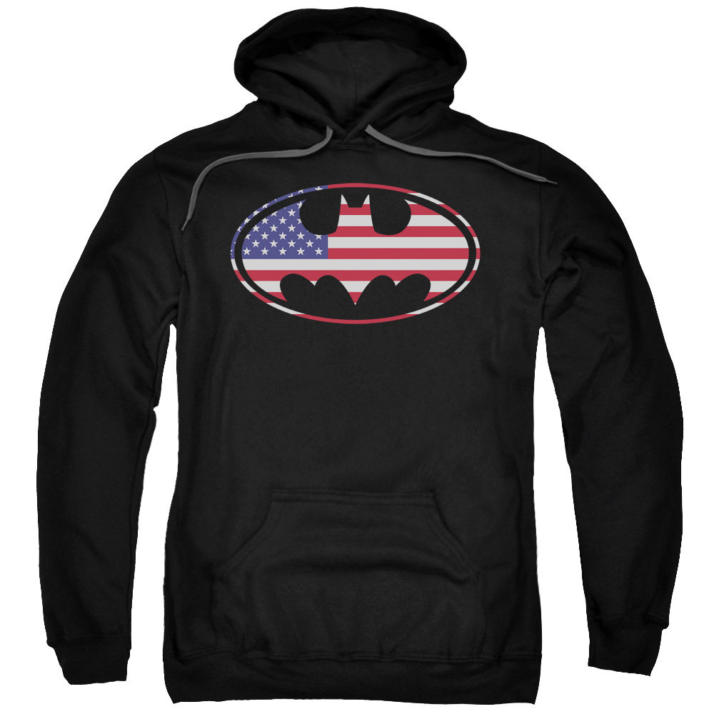 BM2173-AFTH-7 Batman & American Flag Oval Adult Pull-Over Hoodie, Black - 4X -  Trevco