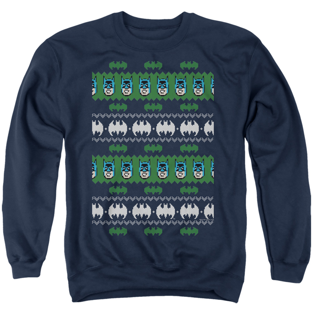 Batman & Batman Christmas Sweater Long Sleeve Adult Crewneck Sweatshirt, Navy - 2X