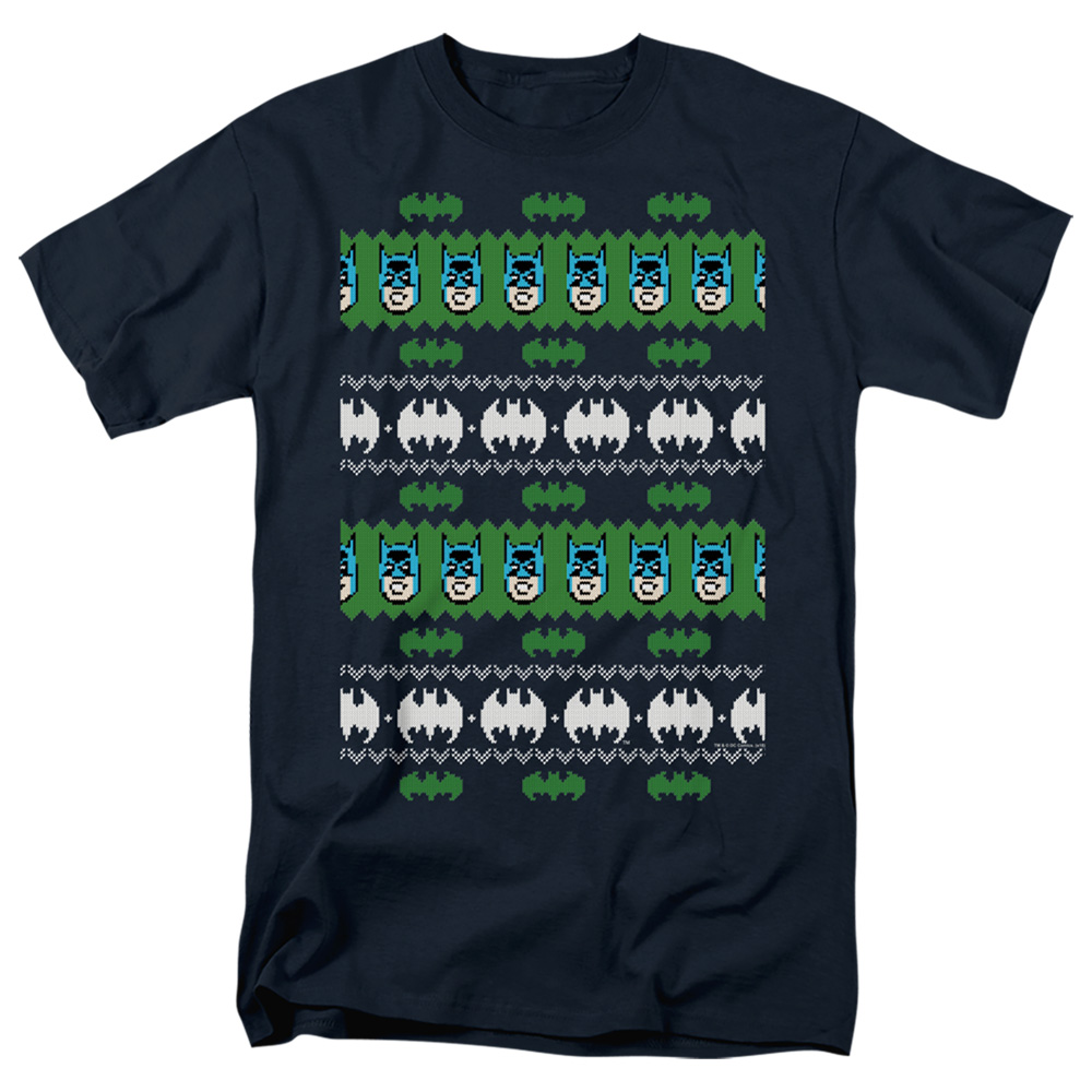 BM2793-AT-6 Batman & Batman Christmas Sweater Short Sleeve Cotton Adult Regular Fit 18-1 T-Shirt, Navy - 3X