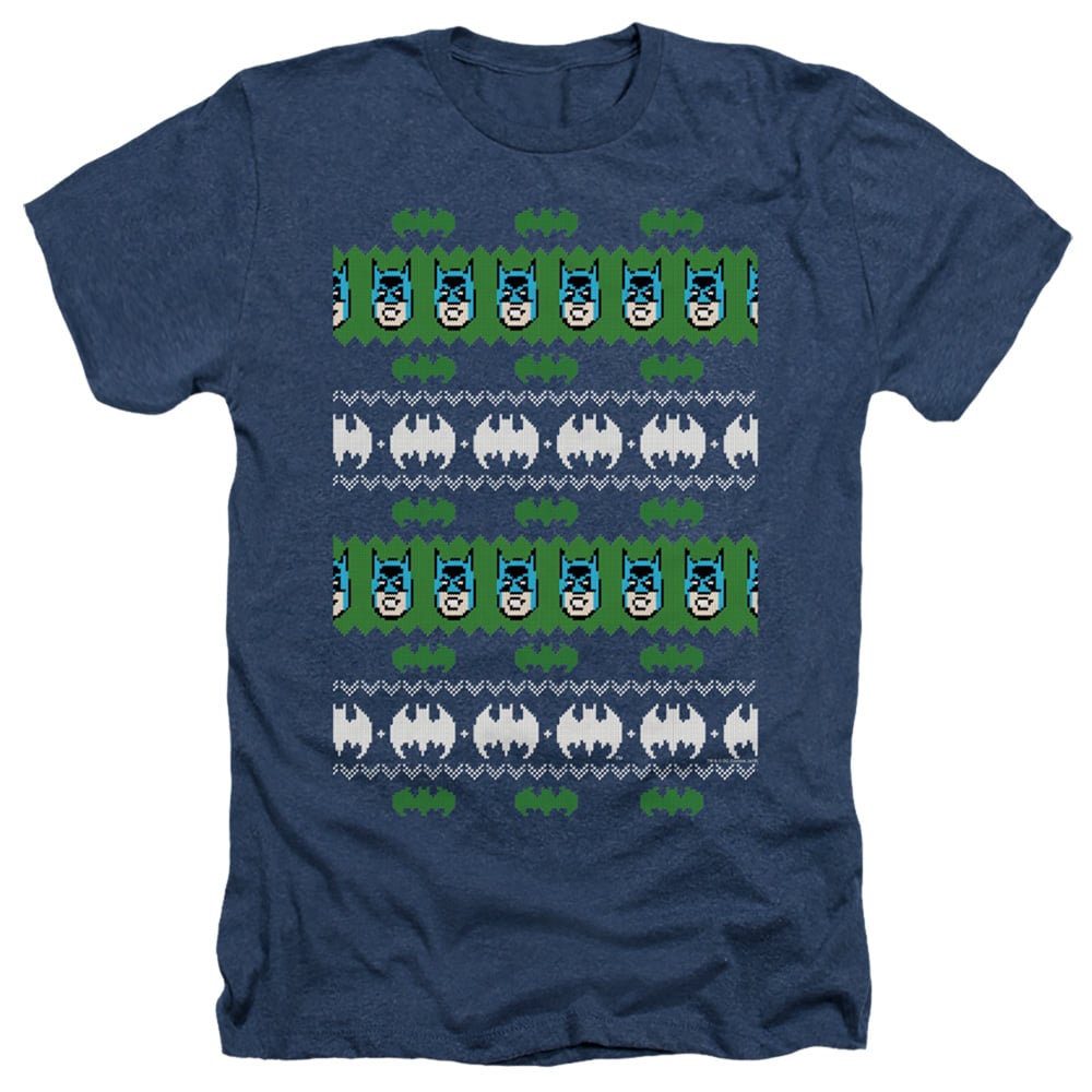 BM2793-HA-6 Batman & Batman Christmas Sweater Adult Regular Fit Heather Short Sleeve T-Shirt, Navy - 3X