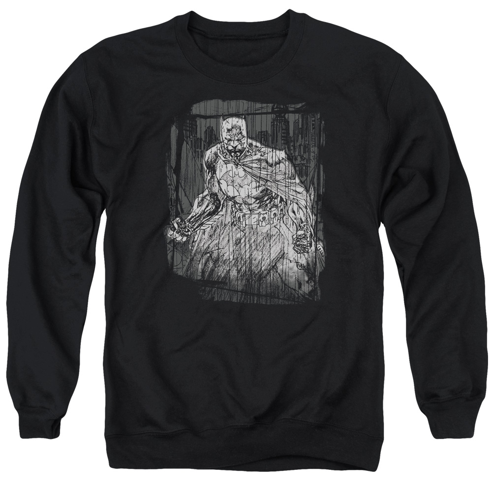 Batman & Pencilled Rain Long Sleeve Adult Crewneck Sweatshirt, Black - 3X