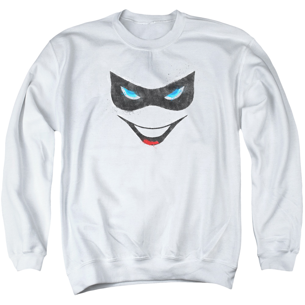 Batman & Harley Face Long Sleeve Adult Crewneck Sweatshirt, White - Small