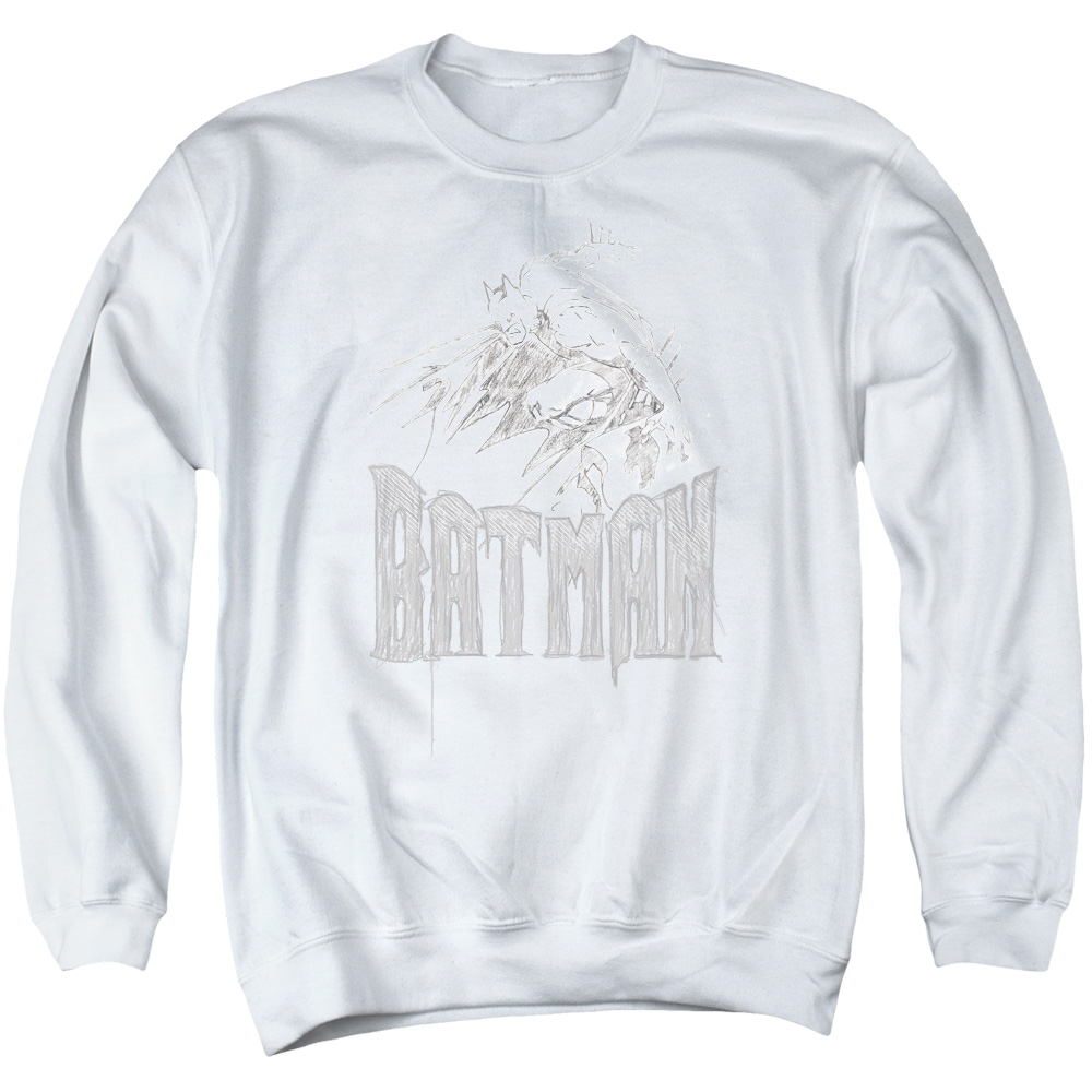 Batman & Knight Sketch Long Sleeve Adult Crewneck Sweatshirt, White - 2X