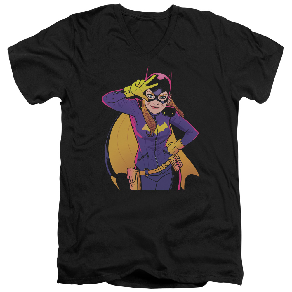BM2885-AV-3 Batman & Batgirl Moves Short Sleeve Cotton Adult Slim Fit V-Neck 30-1 T-Shirt, Black - Large