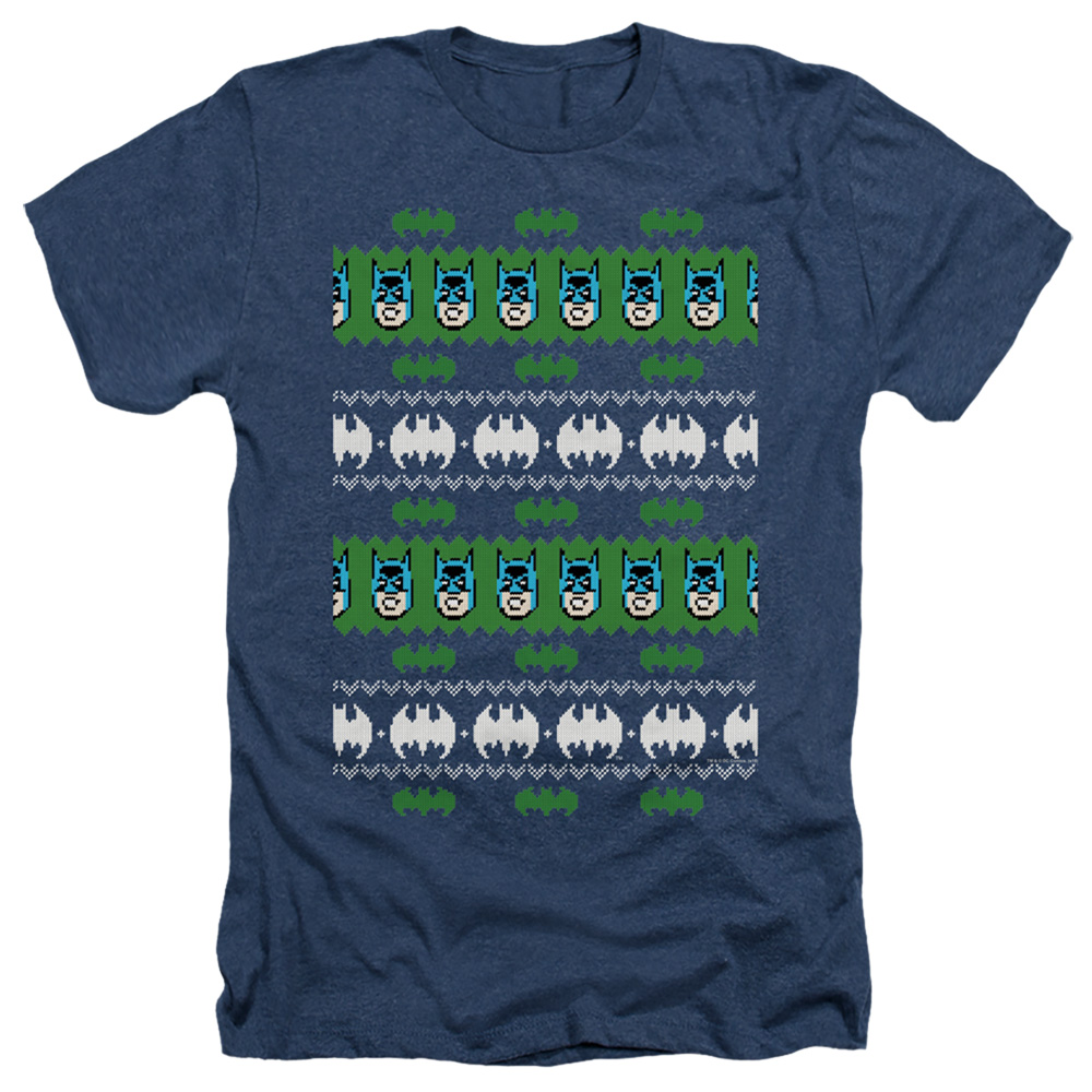 BM2793-HA-4 Batman & Batman Christmas Sweater Adult Regular Fit Heather Short Sleeve T-Shirt, Navy - Extra Large