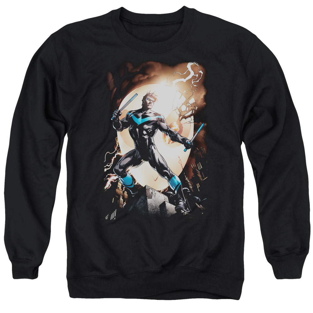 Batman & Nightwing Against Owls Long Sleeve Adult Crewneck Sweatshirt, Black - 2X