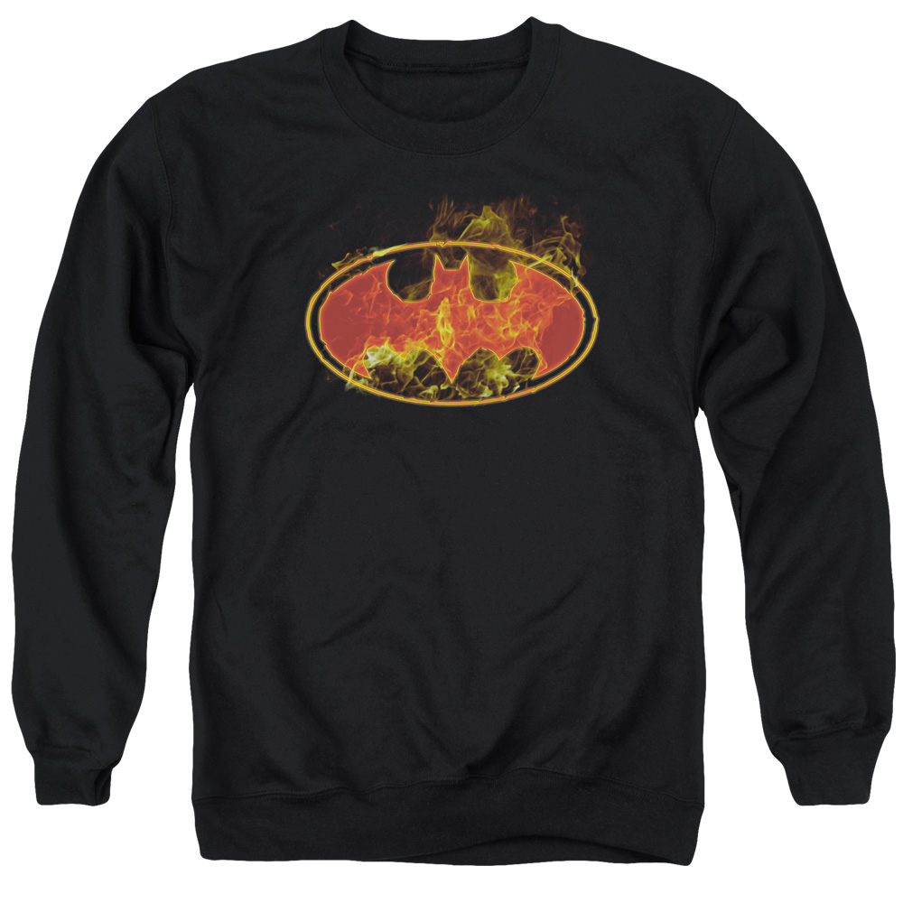 Batman & Flames Logo Long Sleeve Adult Crewneck Sweatshirt, Black - Extra Large