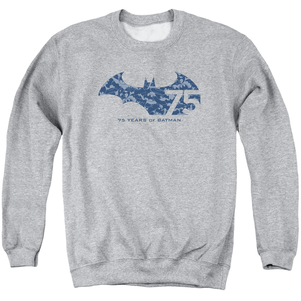 Batman & 75 Year Collage Long Sleeve Adult Crewneck Sweatshirt, Athletic Heather - Small