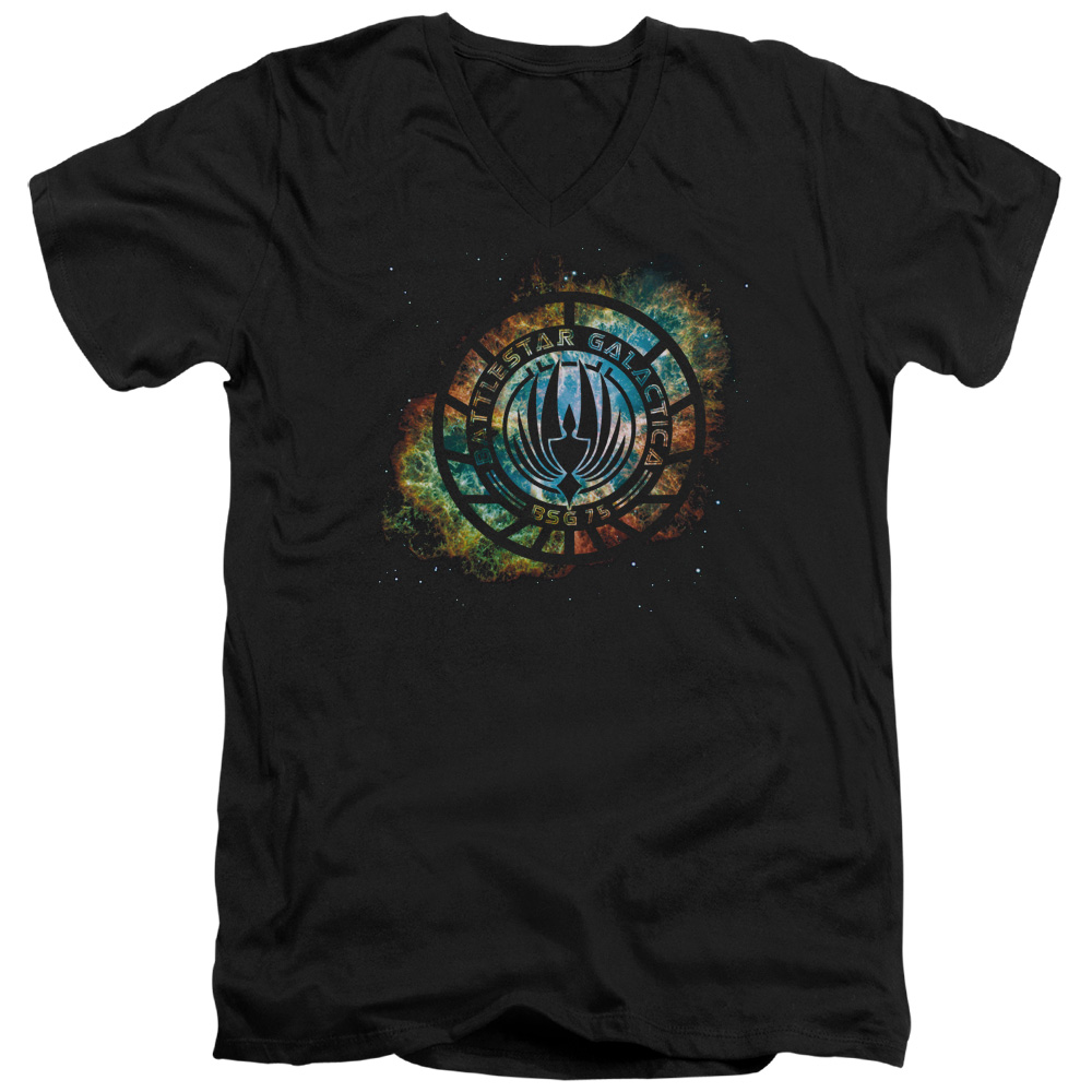 BSG251-AV-4 Battlestar Galactica & Emblem Knock-Out Short Sleeve Cotton Adult Slim Fit V-Neck 30-1 T-Shirt, Black - Extra Large