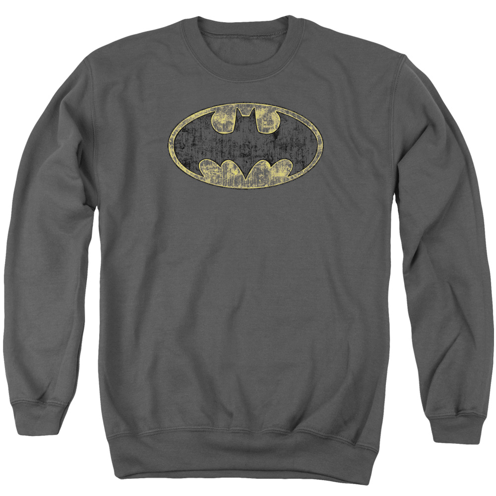 Batman & Tattered Logo Long Sleeve Adult Crewneck Sweatshirt, Charcoal - Large