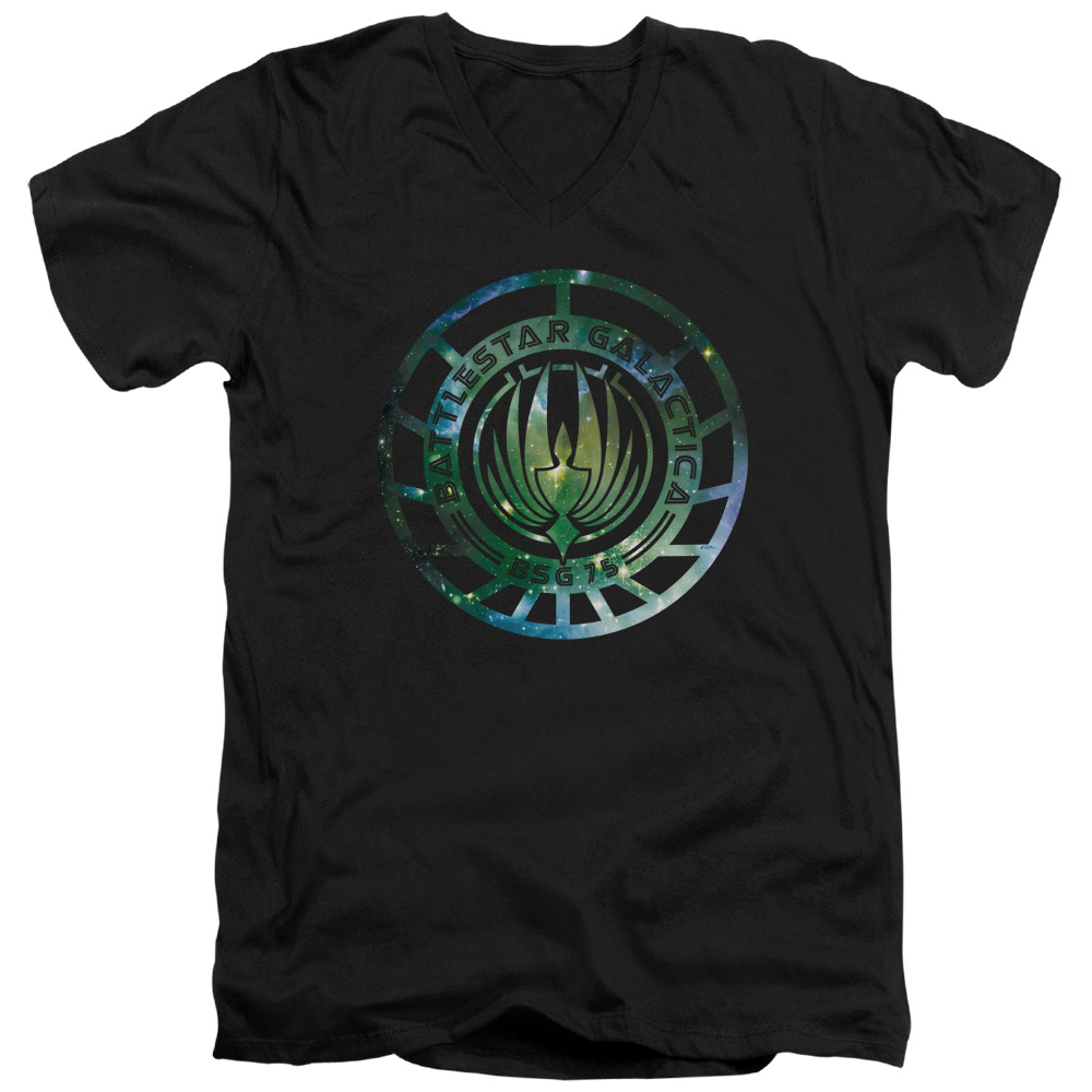 BSG250-AV-3 Battlestar Galactica & Galaxy Emblem Short Sleeve Cotton Adult Slim Fit V-Neck 30-1 T-Shirt, Black - Large