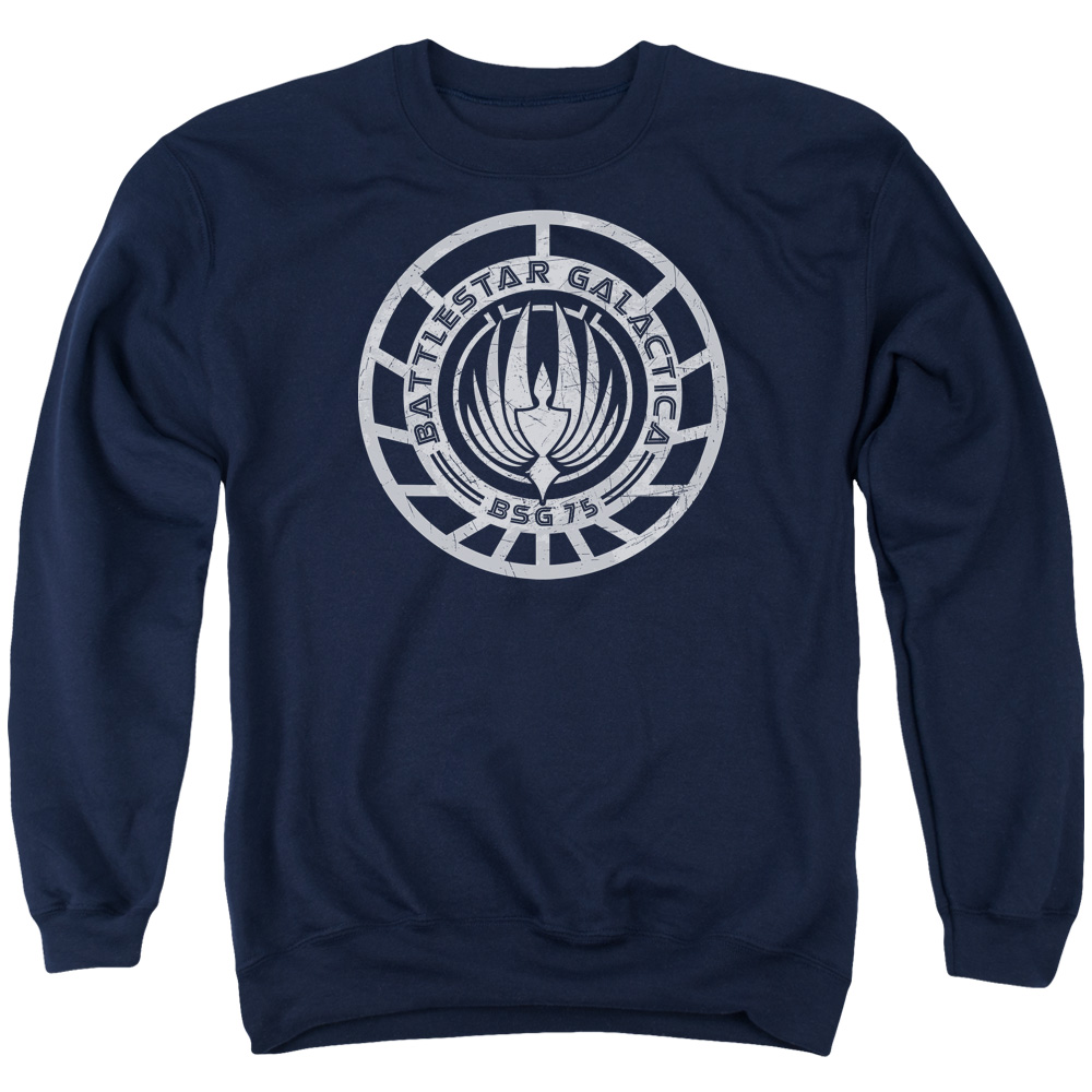BSG & Scratched BSG Logo Long Sleeve Adult Crewneck Sweatshirt, Navy - Small