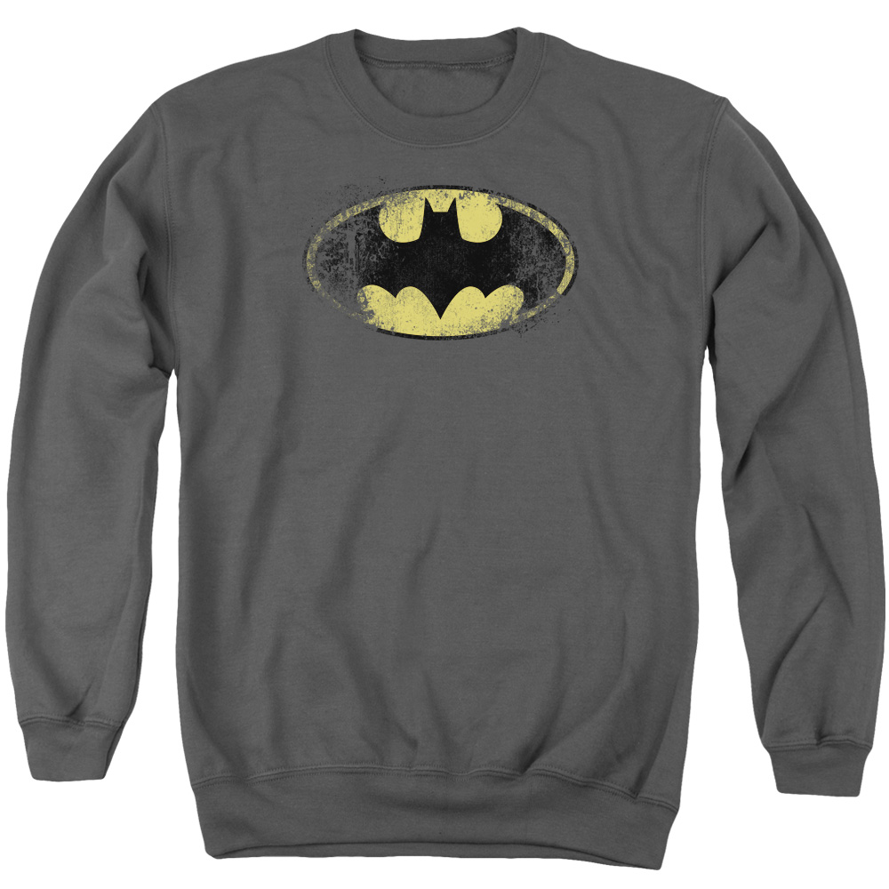 Batman & Destroyed Logo Long Sleeve Adult Crewneck Sweatshirt, Charcoal - Small