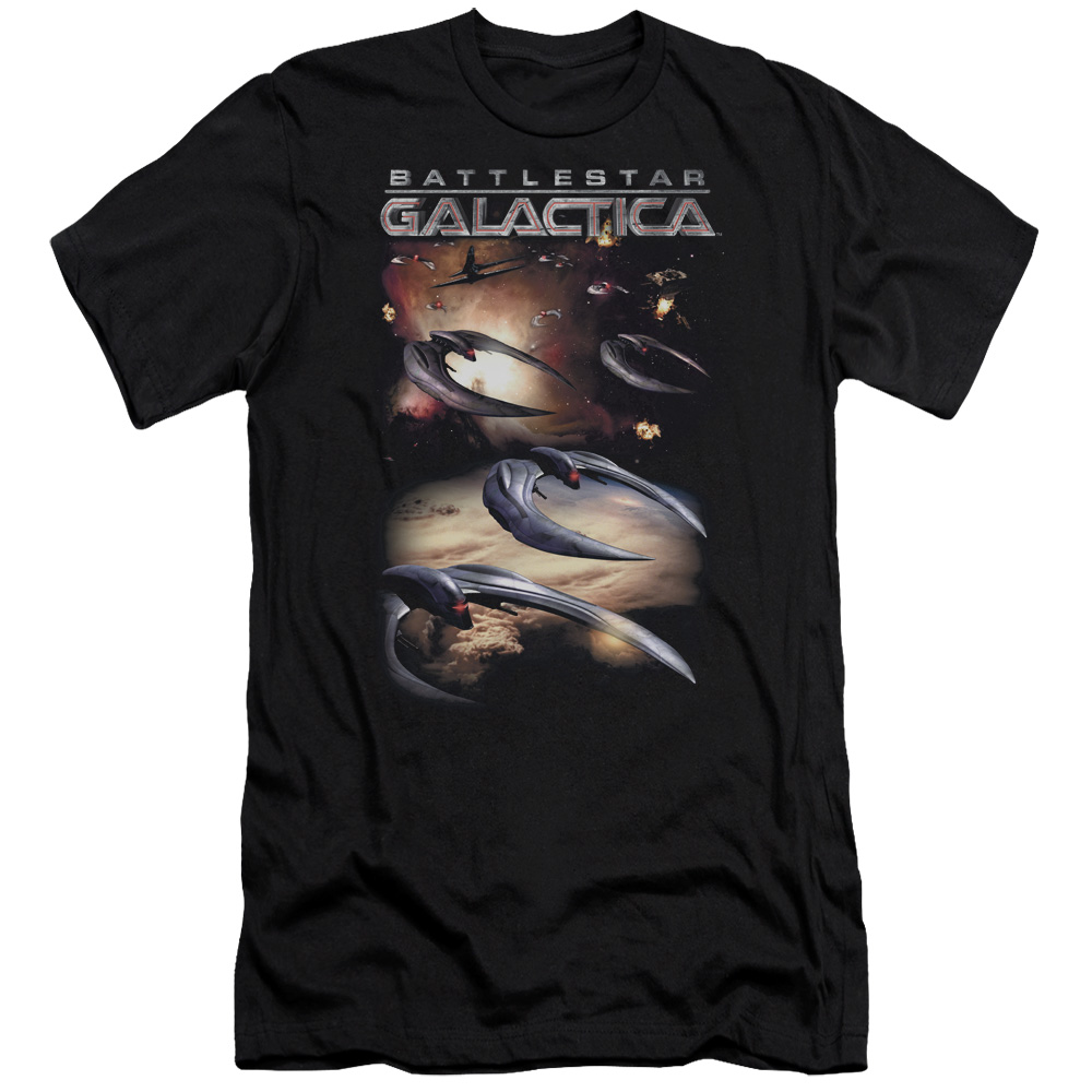 BSG252-PSF-4 Battlestar Galactica & When Cylons Attack Adult Cotton Premium Canvas Brand Slim Fit 30-1 T-Shirt, Black - Extra Large