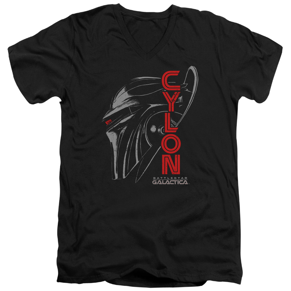 BSG286-AV-4 BSG & Cylon Face Short Sleeve Cotton Adult Slim Fit V-Neck 30-1 T-Shirt, Black - Extra Large