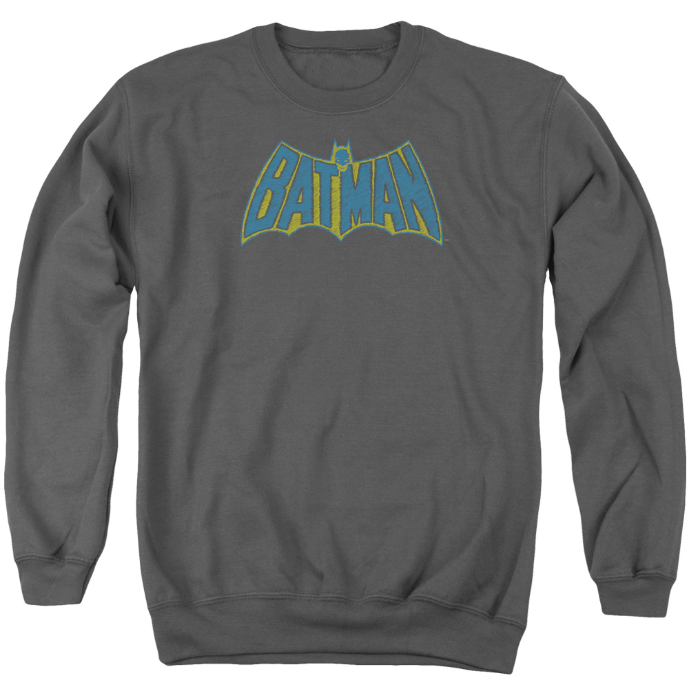 BM1893-AS-5 Batman & Sketch Logo Long Sleeve Adult Crewneck Sweatshirt, Charcoal - 2X