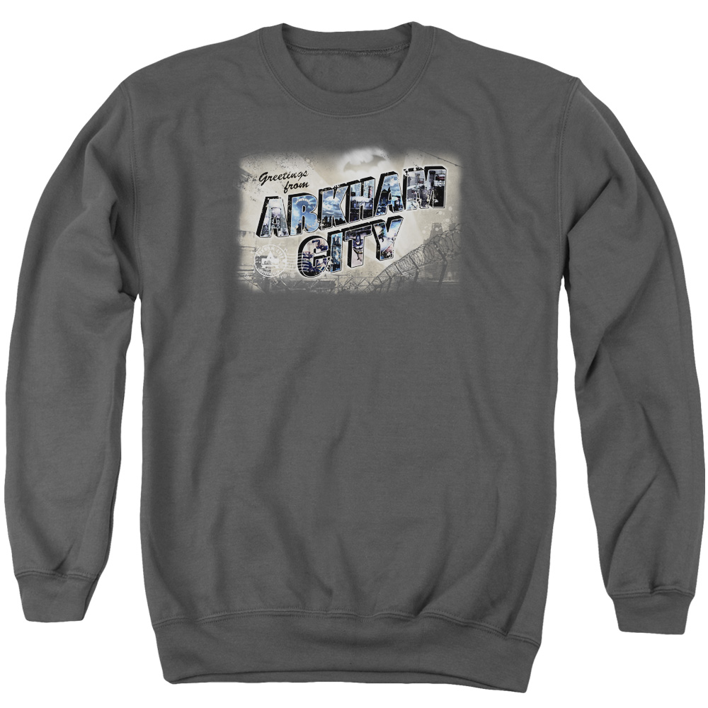 BM1973-AS-6 Arkham City & Greetings From Arkham Long Sleeve Adult Crewneck Sweatshirt, Charcoal - 3X