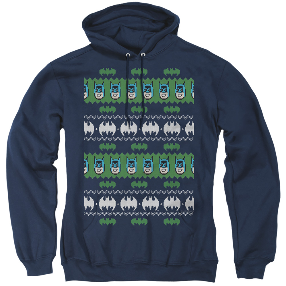 BM2793-AFTH-2 Batman & Batman Christmas Sweater Adult Pull-Over Hoodie, Navy - Medium