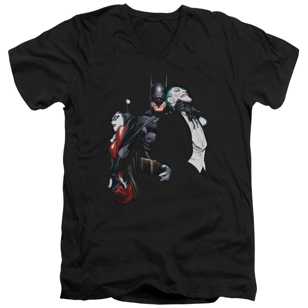 BM2835-AV-4 Batman & Joker Harley Choke Short Sleeve Cotton Adult Slim Fit V-Neck 30-1 T-Shirt, Black - Extra Large
