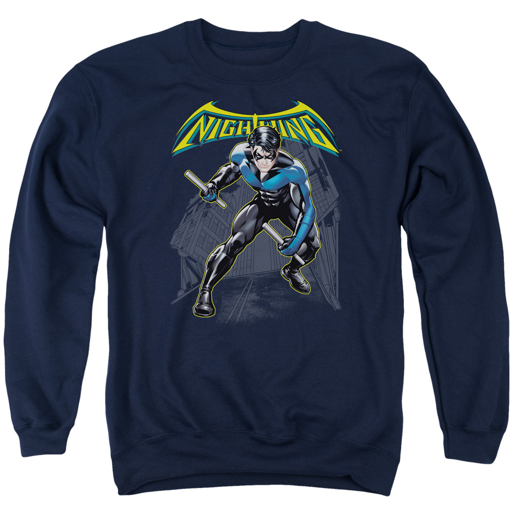 BM1965-AS-3 Batman & Nightwing Long Sleeve Adult Crewneck Sweatshirt, Navy - Large