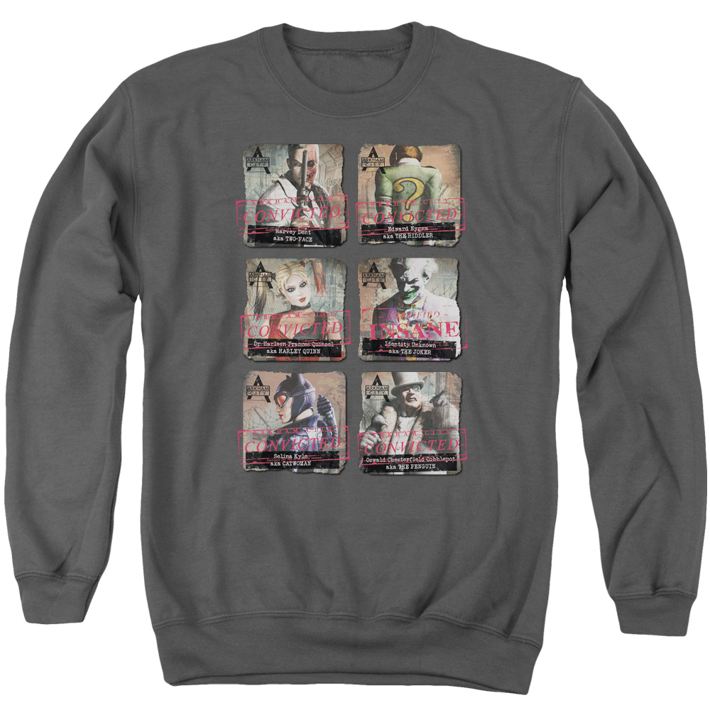 BM2003-AS-3 Arkham City & Arkham Lineup Long Sleeve Adult Crewneck Sweatshirt, Charcoal - Large