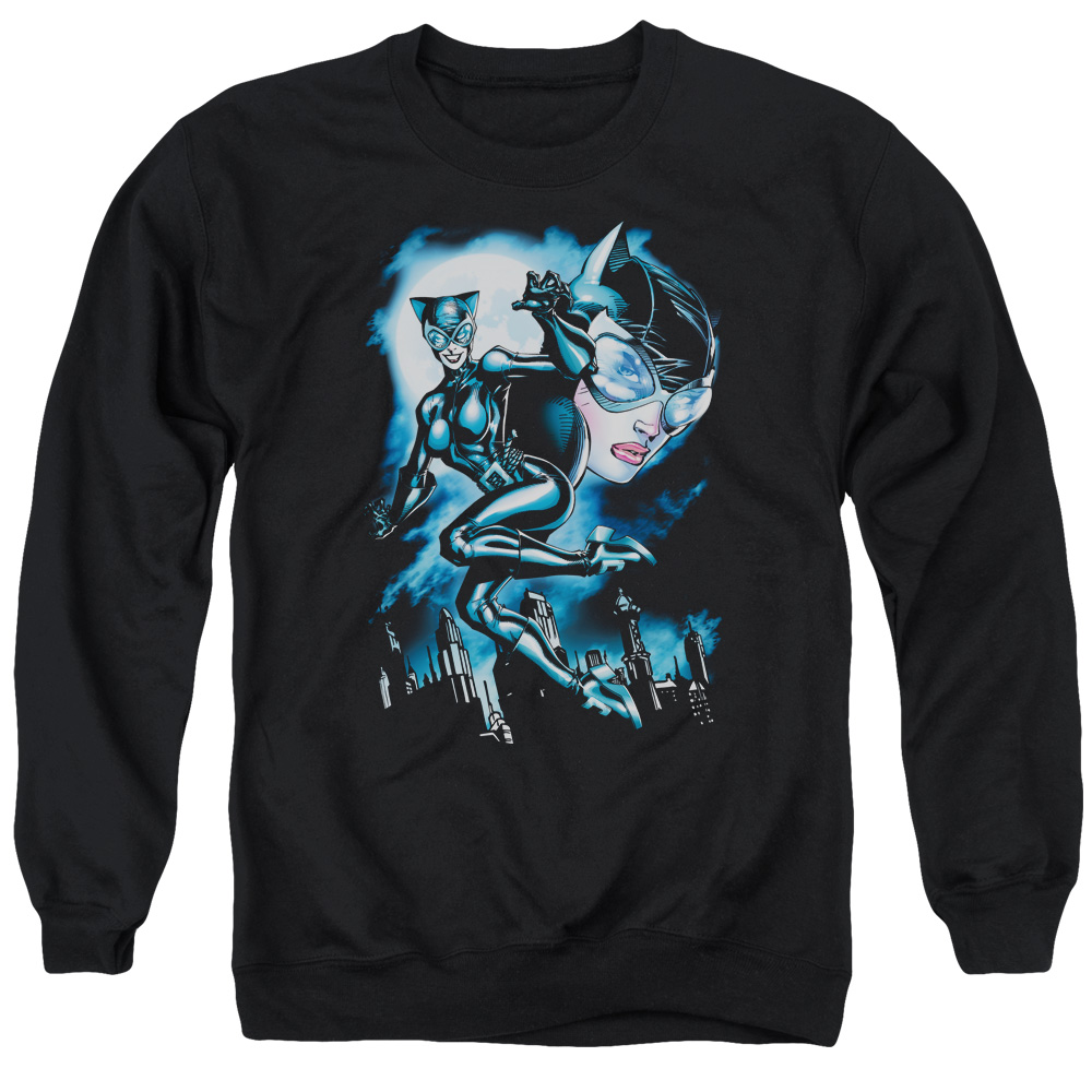 Batman & Moonlight Cat Long Sleeve Adult Crewneck Sweatshirt, Black - Large