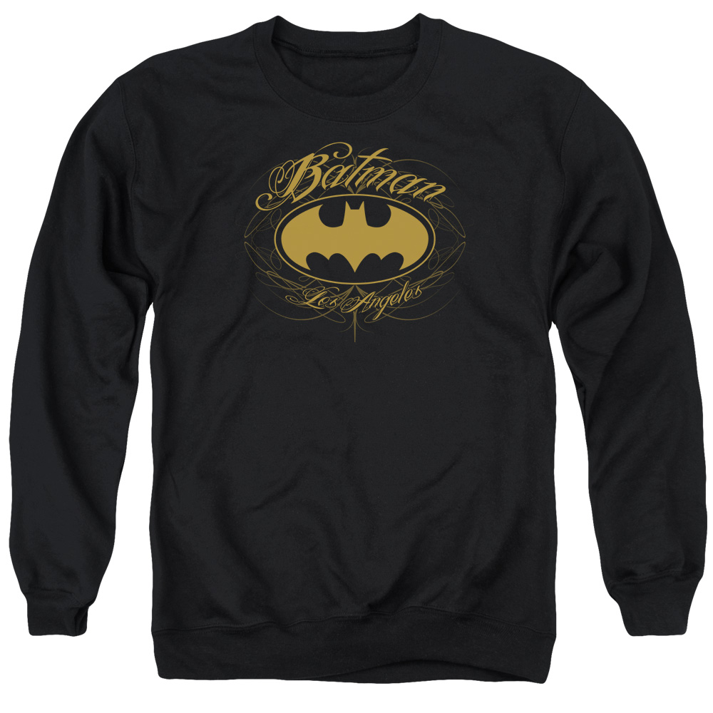 BM1956-AS-1 Batman & Batman La Long Sleeve Adult Crewneck Sweatshirt, Black - Small