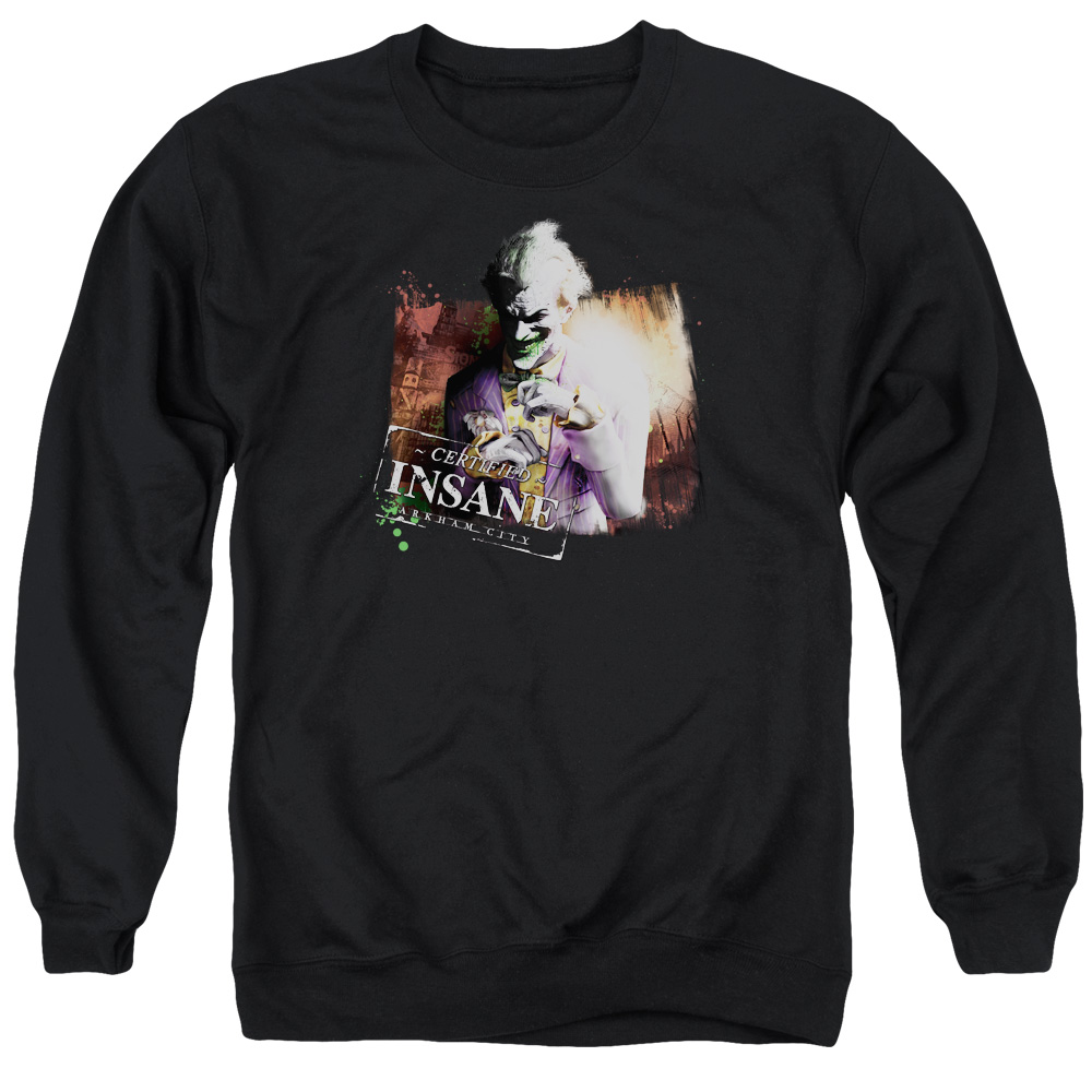 BM1998-AS-2 Arkham City & Certified Insane Long Sleeve Adult Crewneck Sweatshirt, Black - Medium