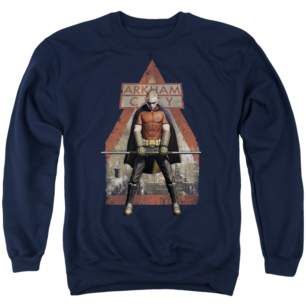 BM2008-AS-2 Arkham City & Arkham Robin Long Sleeve Adult Crewneck Sweatshirt, Navy - Medium