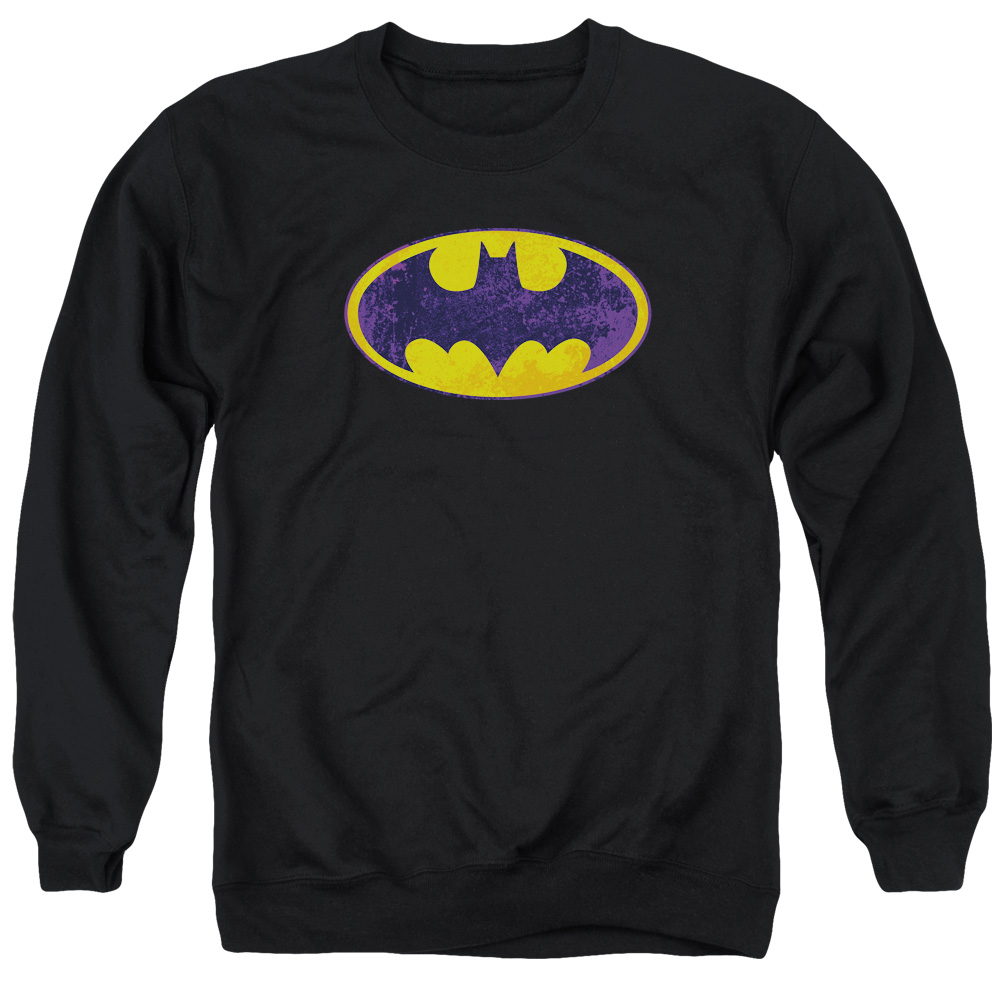BM2026-AS-4 Batman & BM Neon Distress Logo Long Sleeve Adult Crewneck Sweatshirt, Black - Extra Large